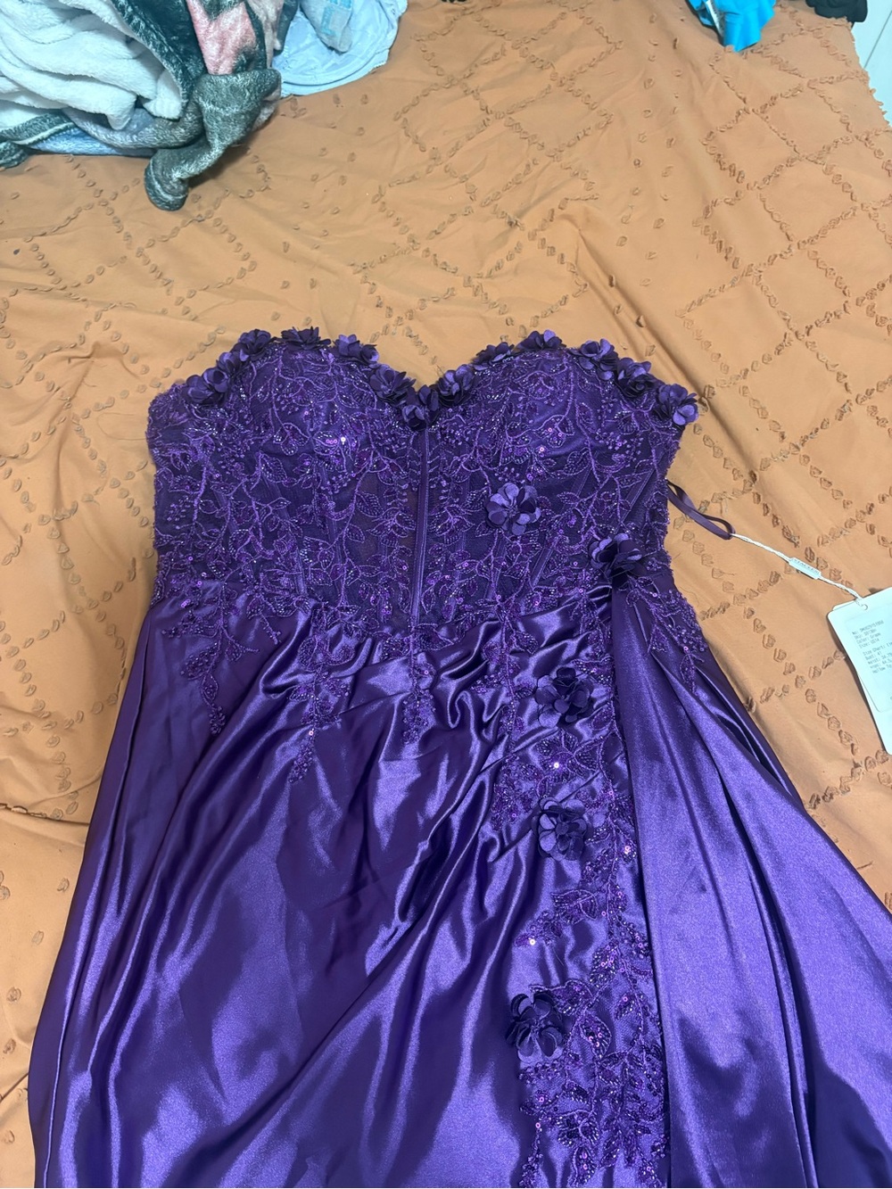 Strapless Purple Homecoming Dress with Floral Lace Appliqué